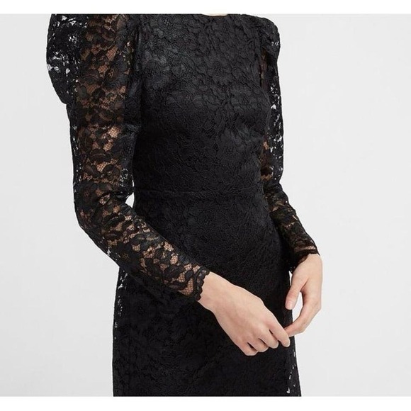 New Express Lace Puff Sleeve Fit And Flare Dress Size 0 Retail $98 Color black - Picture 1 of 8